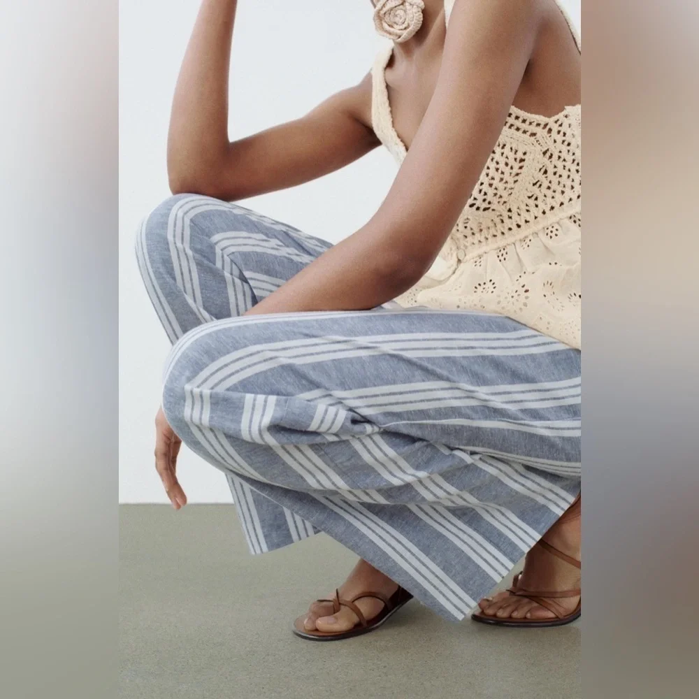 ZARA Linen Blend Striped Wide Leg Pants Blue White Drawstring Size M